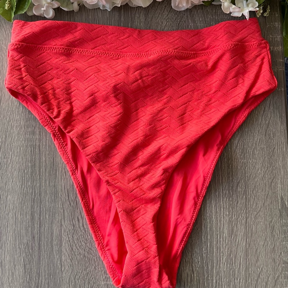 Aerie Coral Textured High Cut High Waisted Cheeky Bikini Swim Bottoms
